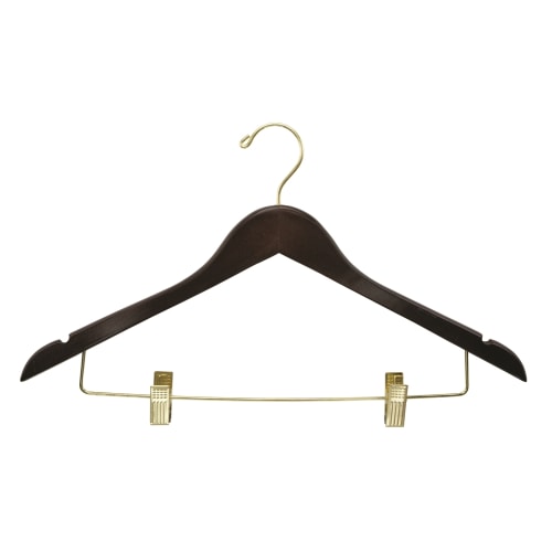 Women's Hanger, Flat Open Hook with Clips, Walnut with Brass Hook & Clips